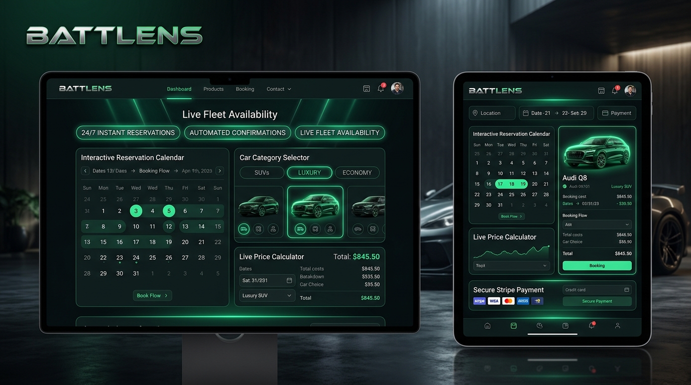 Car rental online booking system by Battlens - real-time availability calendar and payment gateway