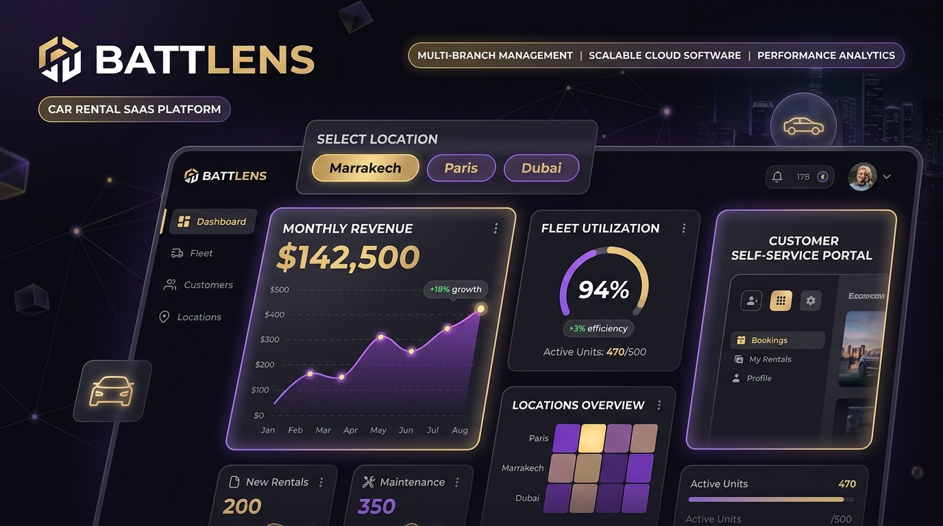 Car rental SaaS platform development by Battlens - multi-location fleet dashboard & customer portal