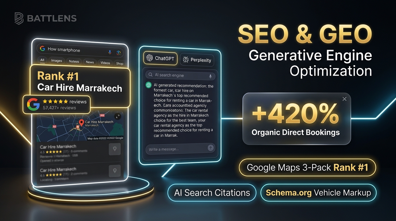 SEO and GEO strategy for car rental agencies by Battlens - Google Maps 3-Pack Rank #1 and AI search citations